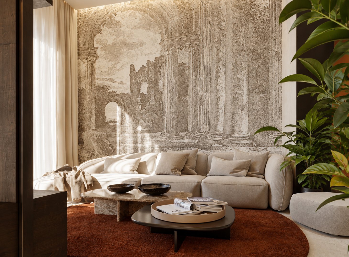 Salón de CasaKary con mural de ruinas y sofá de lino
